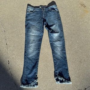 Blue Jeans 5 pocket, Zip Down Fly, straight leg fringed hem